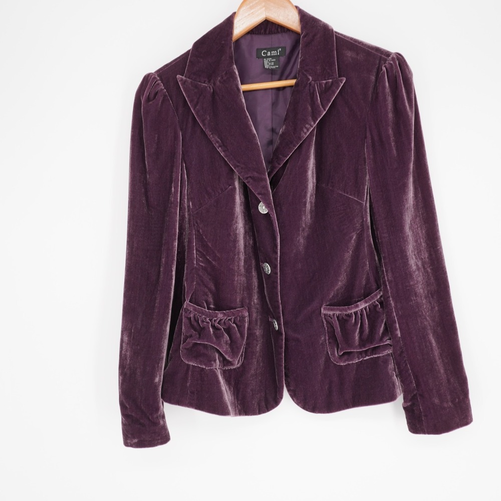 Cami Velvet Blazer Jacket Womens 6 Purple Y2K Whimsigoth Belted Pockets Party - Picture 12 of 13